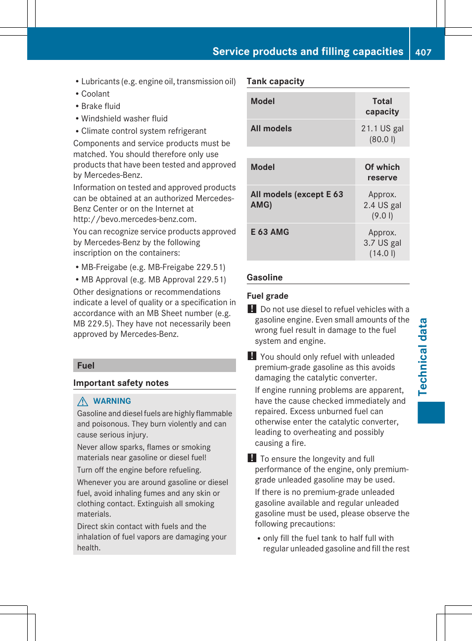 Fuel, Technical data, Service products and filling capacities | Mercedes-Benz E-Wagon 2013 Owners Manual User Manual | Page 409 / 420