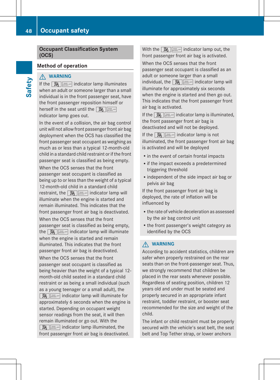 Occupant classification system (ocs), Safety, Occupant safety | Mercedes-Benz E-Wagon 2013 Owners Manual User Manual | Page 50 / 420