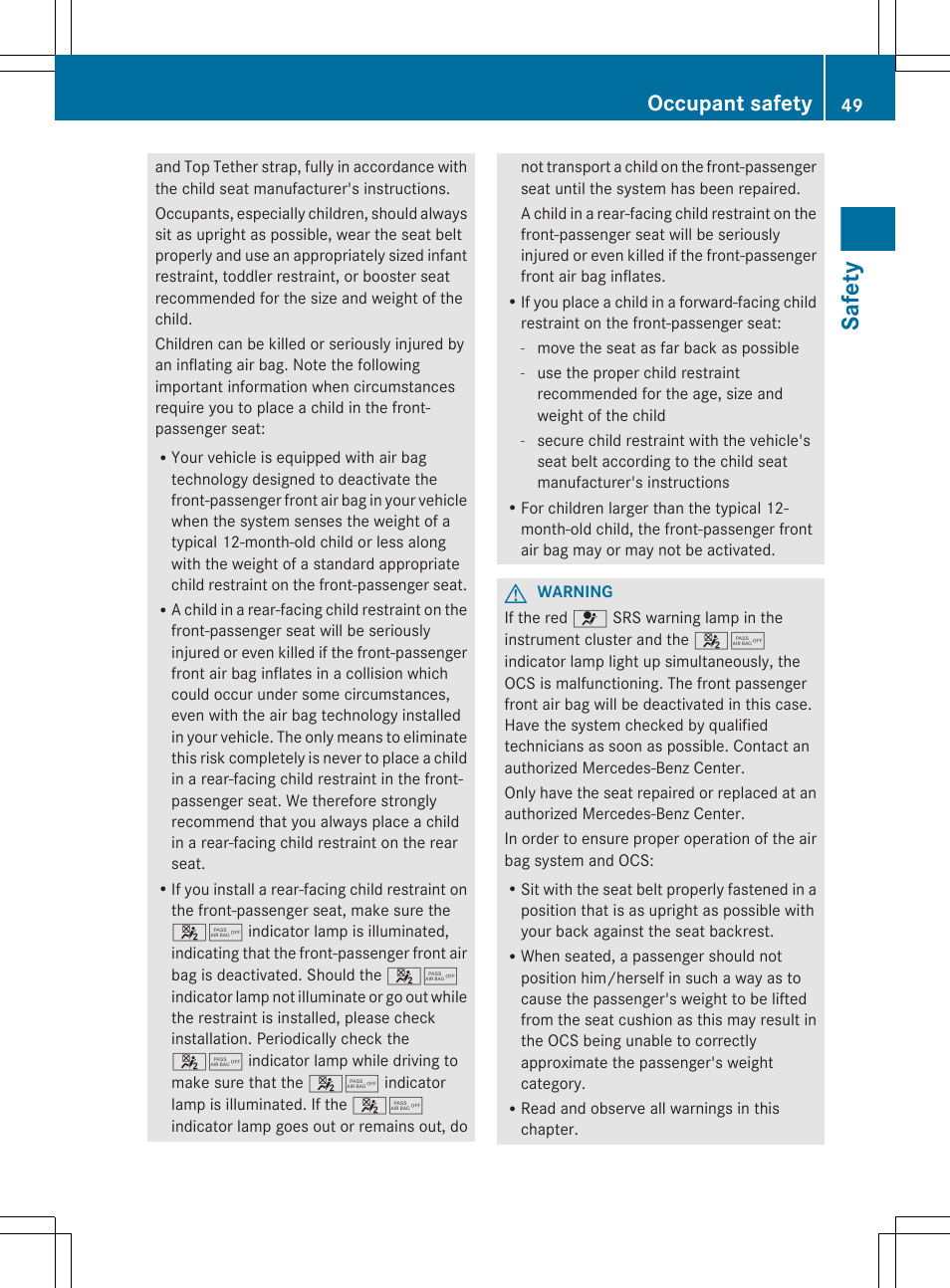 Safety, Occupant safety | Mercedes-Benz E-Wagon 2013 Owners Manual User Manual | Page 51 / 420