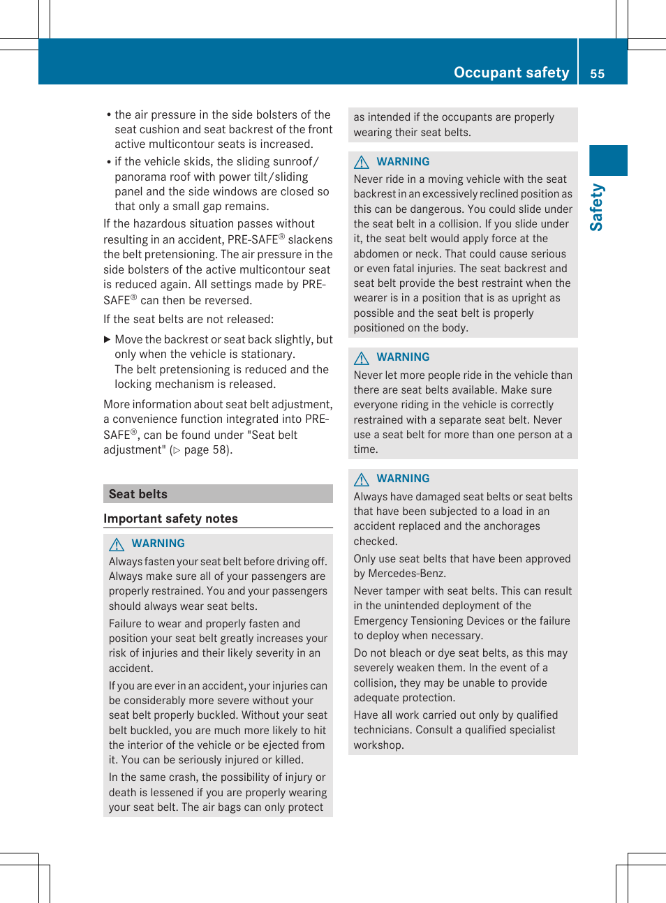 Seat belts, Safety, Occupant safety | Mercedes-Benz E-Wagon 2013 Owners Manual User Manual | Page 57 / 420