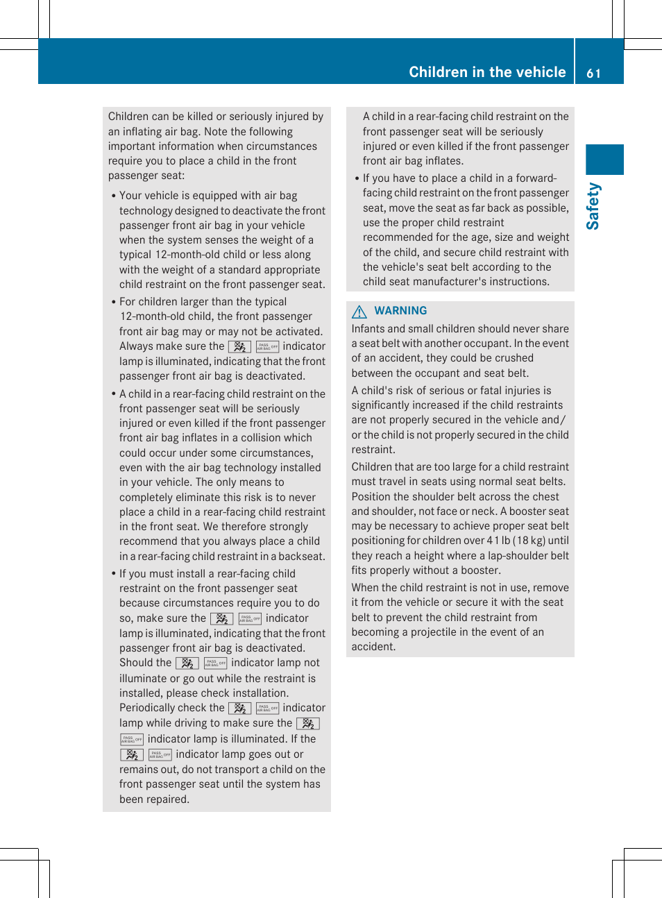 Safety, Children in the vehicle | Mercedes-Benz E-Wagon 2013 Owners Manual User Manual | Page 63 / 420