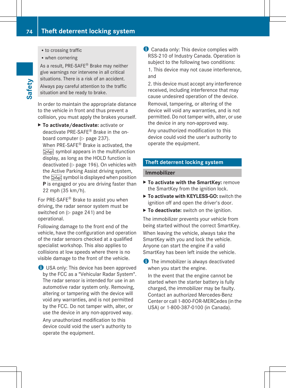 Theft deterrent locking system, Immobilizer, Safety | Mercedes-Benz E-Wagon 2013 Owners Manual User Manual | Page 76 / 420