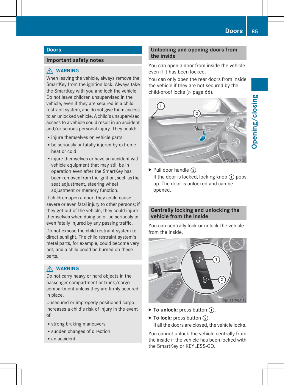 Doors, Important safety notes, Unlocking and opening doors from the inside | Opening/closing | Mercedes-Benz E-Wagon 2013 Owners Manual User Manual | Page 87 / 420