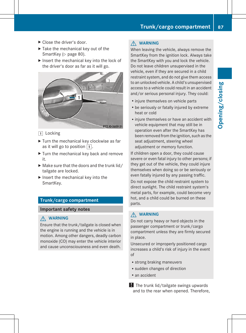 Trunk/cargo compartment, Important safety notes, Opening/closing | Mercedes-Benz E-Wagon 2013 Owners Manual User Manual | Page 89 / 420