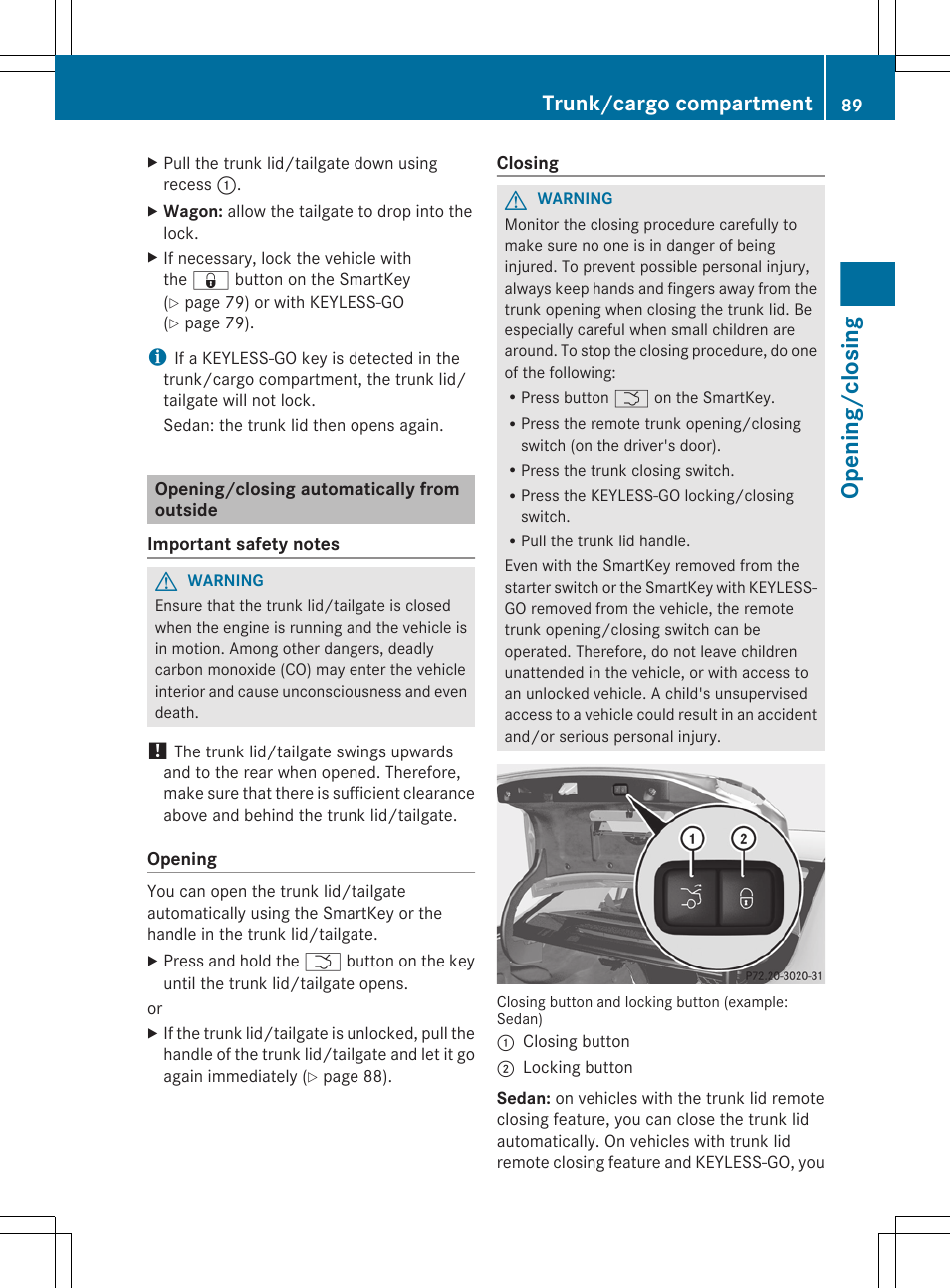 Opening/closing automatically from outside, Opening/closing, Trunk/cargo compartment | Mercedes-Benz E-Wagon 2013 Owners Manual User Manual | Page 91 / 420