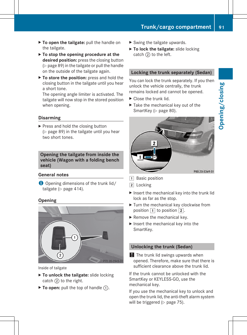 Locking the trunk separately (sedan), Unlocking the trunk (sedan), Opening/closing | Trunk/cargo compartment | Mercedes-Benz E-Wagon 2013 Owners Manual User Manual | Page 93 / 420