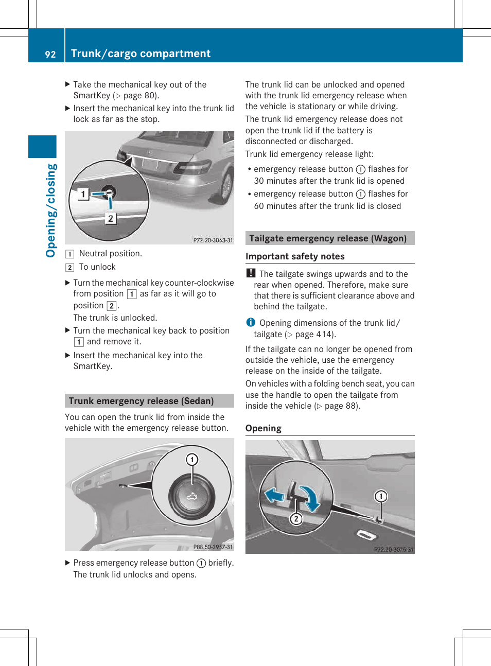 Trunk emergency release (sedan), Tailgate emergency release (wagon), Opening/closing | Trunk/cargo compartment | Mercedes-Benz E-Wagon 2013 Owners Manual User Manual | Page 94 / 420