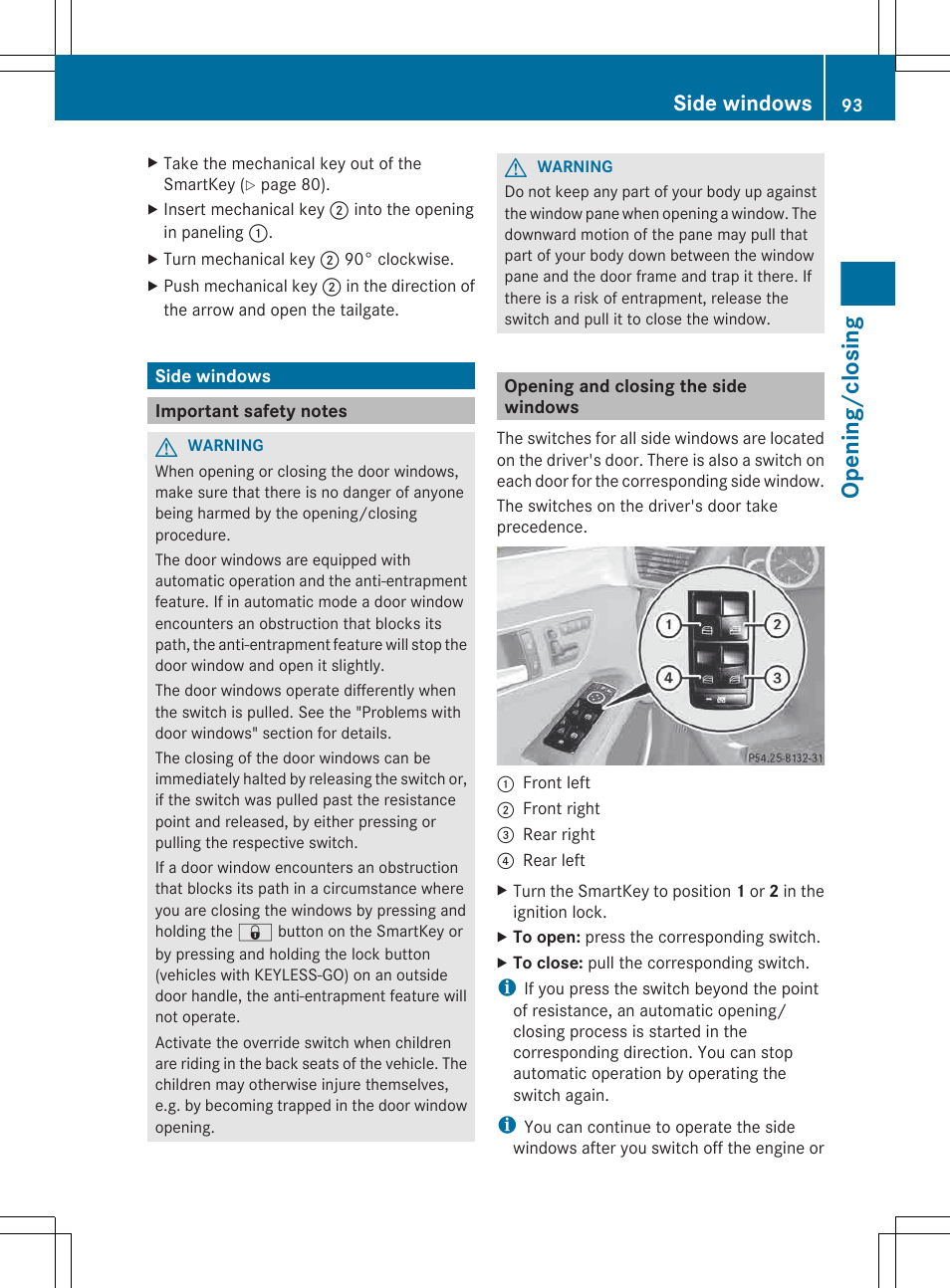 Side windows, Important safety notes, Opening and closing the side windows | Opening/closing | Mercedes-Benz E-Wagon 2013 Owners Manual User Manual | Page 95 / 420