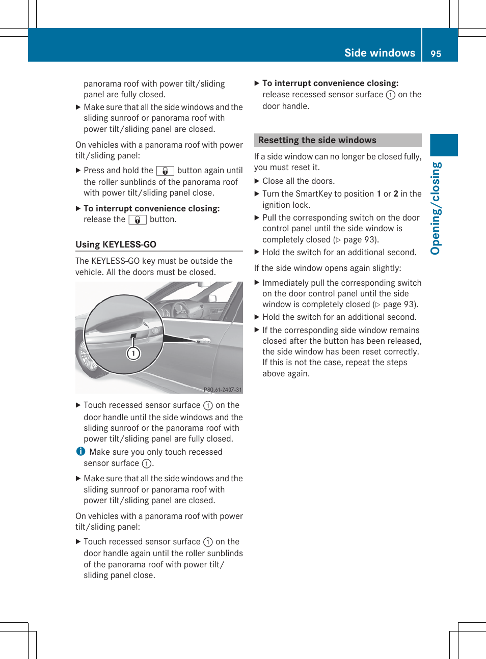 Resetting the side windows, Opening/closing, Side windows | Mercedes-Benz E-Wagon 2013 Owners Manual User Manual | Page 97 / 420