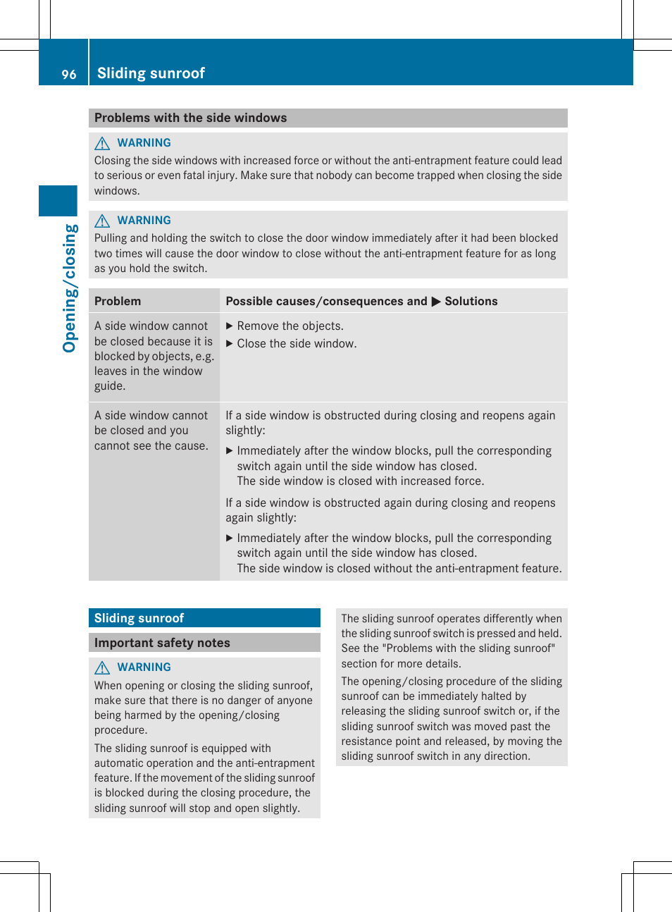 Problems with the side windows, Sliding sunroof, Important safety notes | Opening/closing | Mercedes-Benz E-Wagon 2013 Owners Manual User Manual | Page 98 / 420