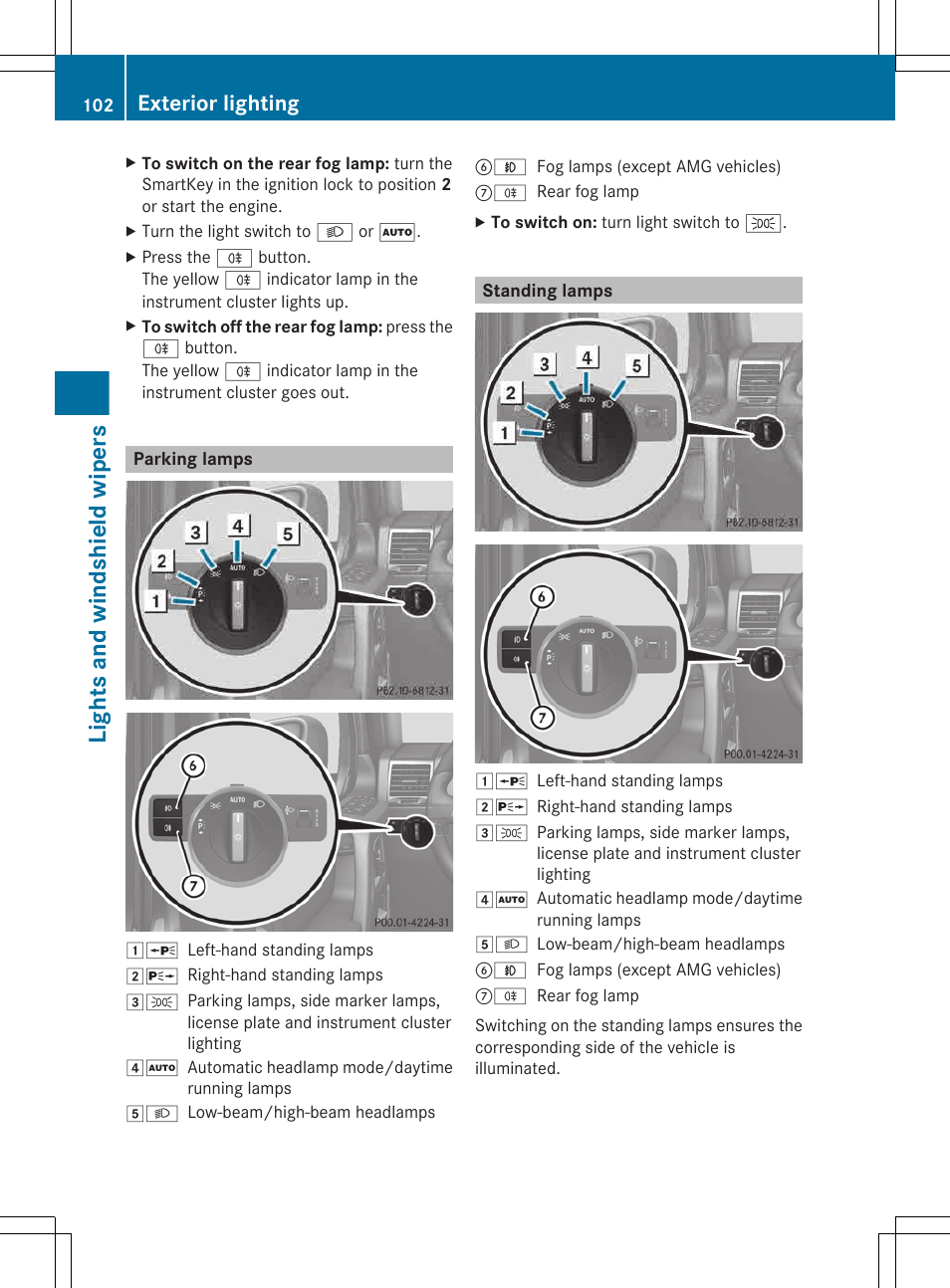 Parking lamps, Standing lamps, Lights and windshield wipers | Exterior lighting | Mercedes-Benz G-Class 2013 Owners Manual User Manual | Page 104 / 364