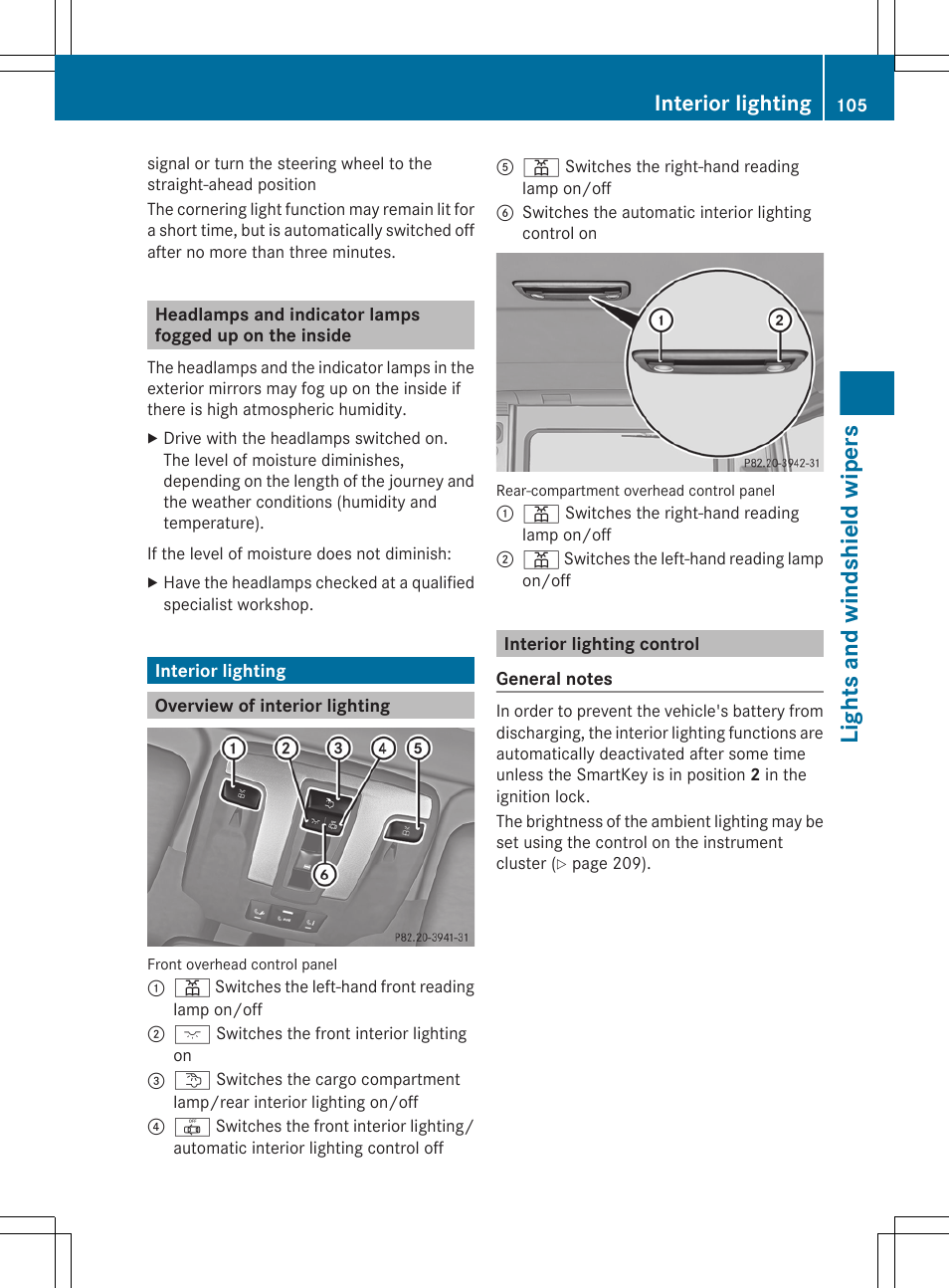 Interior lighting, Overview of interior lighting, Interior lighting control | Lights and windshield wipers | Mercedes-Benz G-Class 2013 Owners Manual User Manual | Page 107 / 364