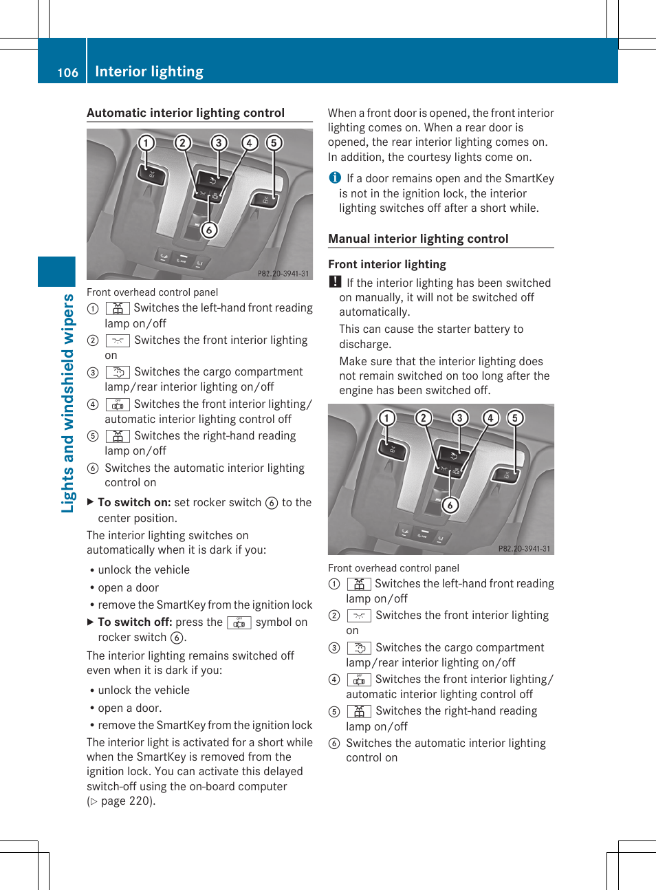 Lights and windshield wipers, Interior lighting | Mercedes-Benz G-Class 2013 Owners Manual User Manual | Page 108 / 364