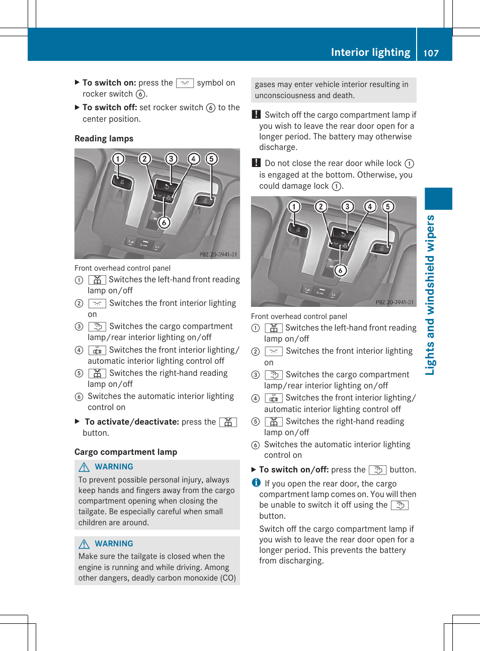 Lights and windshield wipers, Interior lighting | Mercedes-Benz G-Class 2013 Owners Manual User Manual | Page 109 / 364