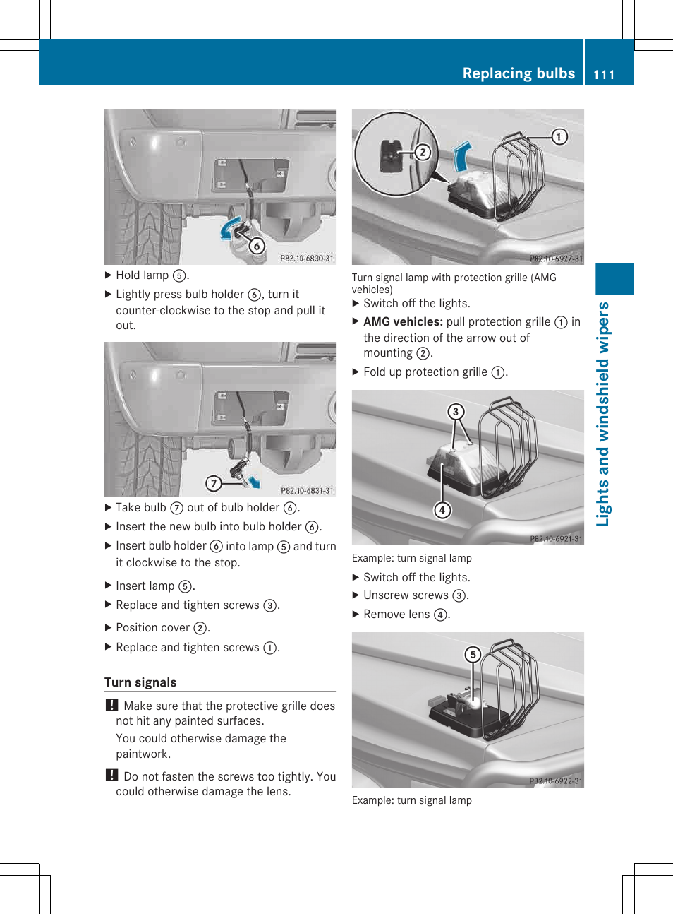 Lights and windshield wipers, Replacing bulbs | Mercedes-Benz G-Class 2013 Owners Manual User Manual | Page 113 / 364