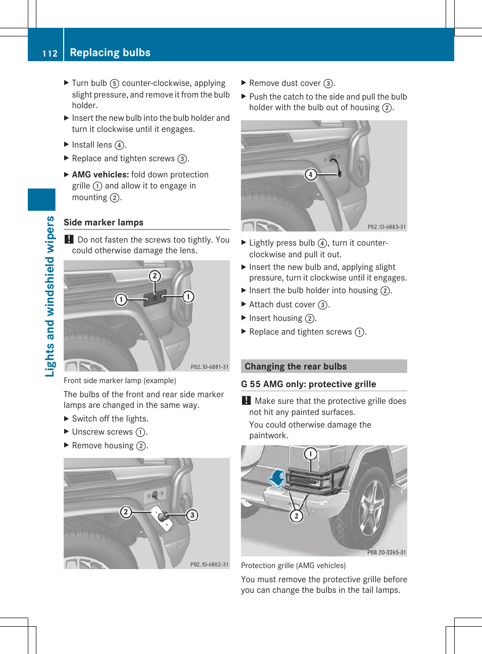 Changing the rear bulbs, Lights and windshield wipers, Replacing bulbs | Mercedes-Benz G-Class 2013 Owners Manual User Manual | Page 114 / 364