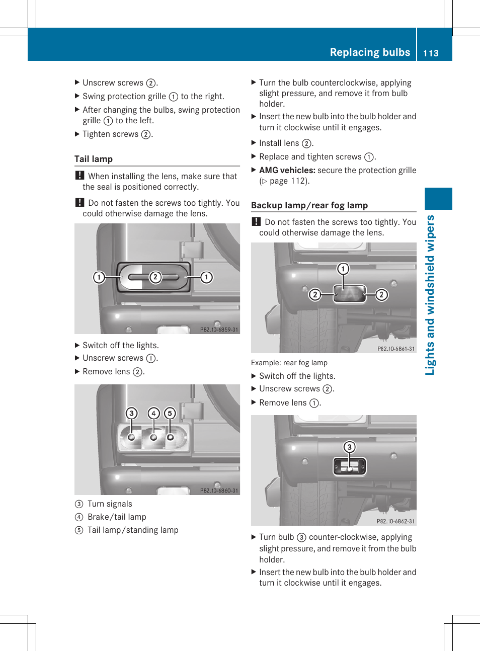 Lights and windshield wipers, Replacing bulbs | Mercedes-Benz G-Class 2013 Owners Manual User Manual | Page 115 / 364