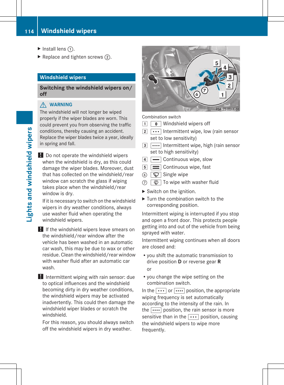 Windshield wipers, Switching the windshield wipers on/off, Lights and windshield wipers | Mercedes-Benz G-Class 2013 Owners Manual User Manual | Page 116 / 364