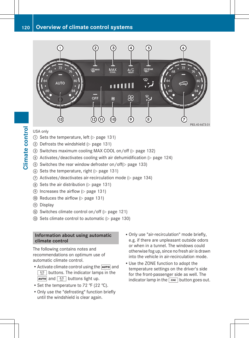 Information about using automatic climate control, Climate control, Overview of climate control systems | Mercedes-Benz G-Class 2013 Owners Manual User Manual | Page 122 / 364