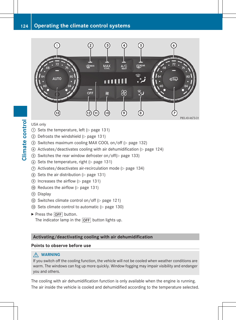 Climate control, Operating the climate control systems | Mercedes-Benz G-Class 2013 Owners Manual User Manual | Page 126 / 364