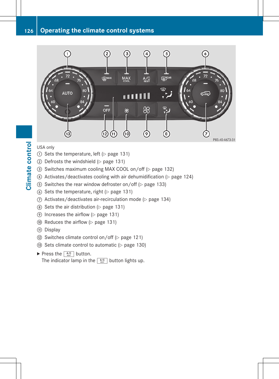 Climate control, Operating the climate control systems | Mercedes-Benz G-Class 2013 Owners Manual User Manual | Page 128 / 364