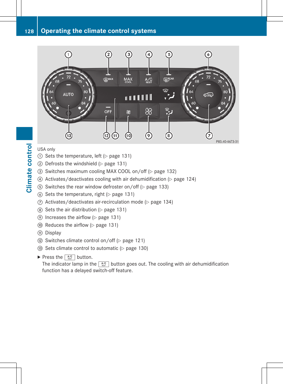 Climate control, Operating the climate control systems | Mercedes-Benz G-Class 2013 Owners Manual User Manual | Page 130 / 364