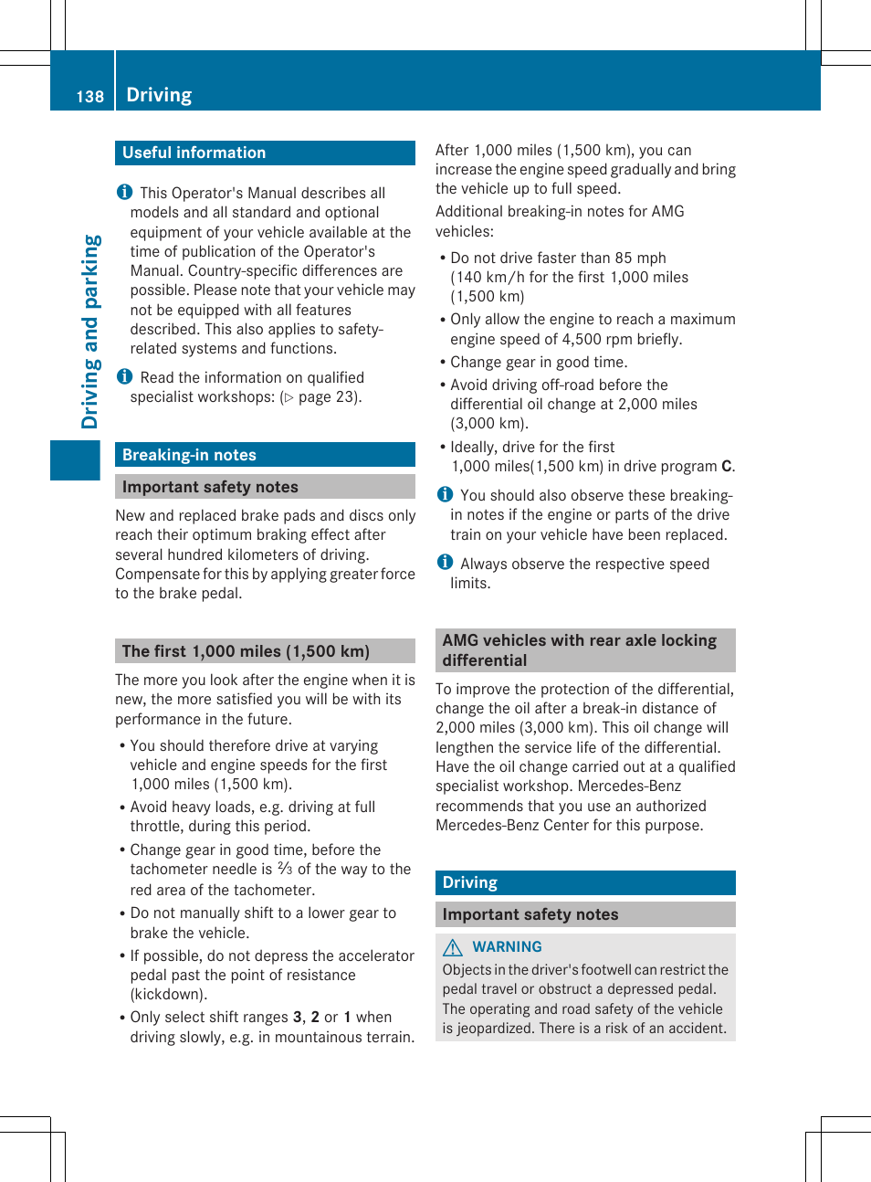 Driving and parking, Useful information, Breaking-in notes | Important safety notes, The first1,000 miles(1,500 km), Amg vehicles with rear axle locking differential, Driving | Mercedes-Benz G-Class 2013 Owners Manual User Manual | Page 140 / 364