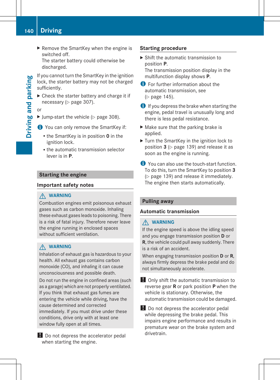 Starting the engine, Pulling away, Driving and parking | Driving | Mercedes-Benz G-Class 2013 Owners Manual User Manual | Page 142 / 364