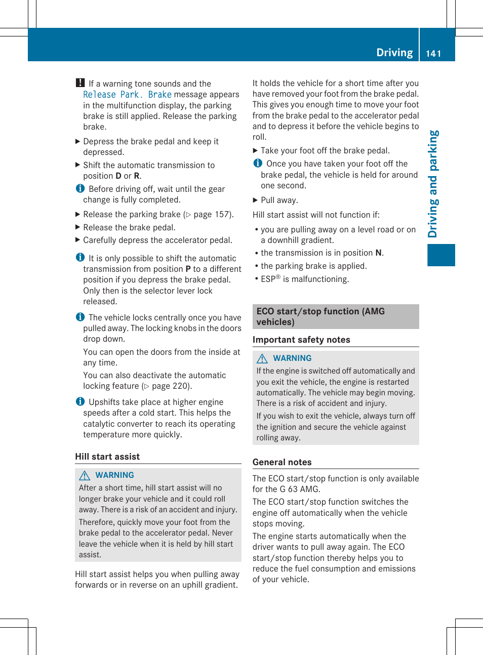 Eco start/stop function (amg vehicles), Driving and parking, Driving | Mercedes-Benz G-Class 2013 Owners Manual User Manual | Page 143 / 364