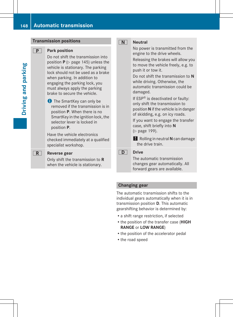 Transmission positions, Changing gear, Driving and parking | Automatic transmission | Mercedes-Benz G-Class 2013 Owners Manual User Manual | Page 150 / 364