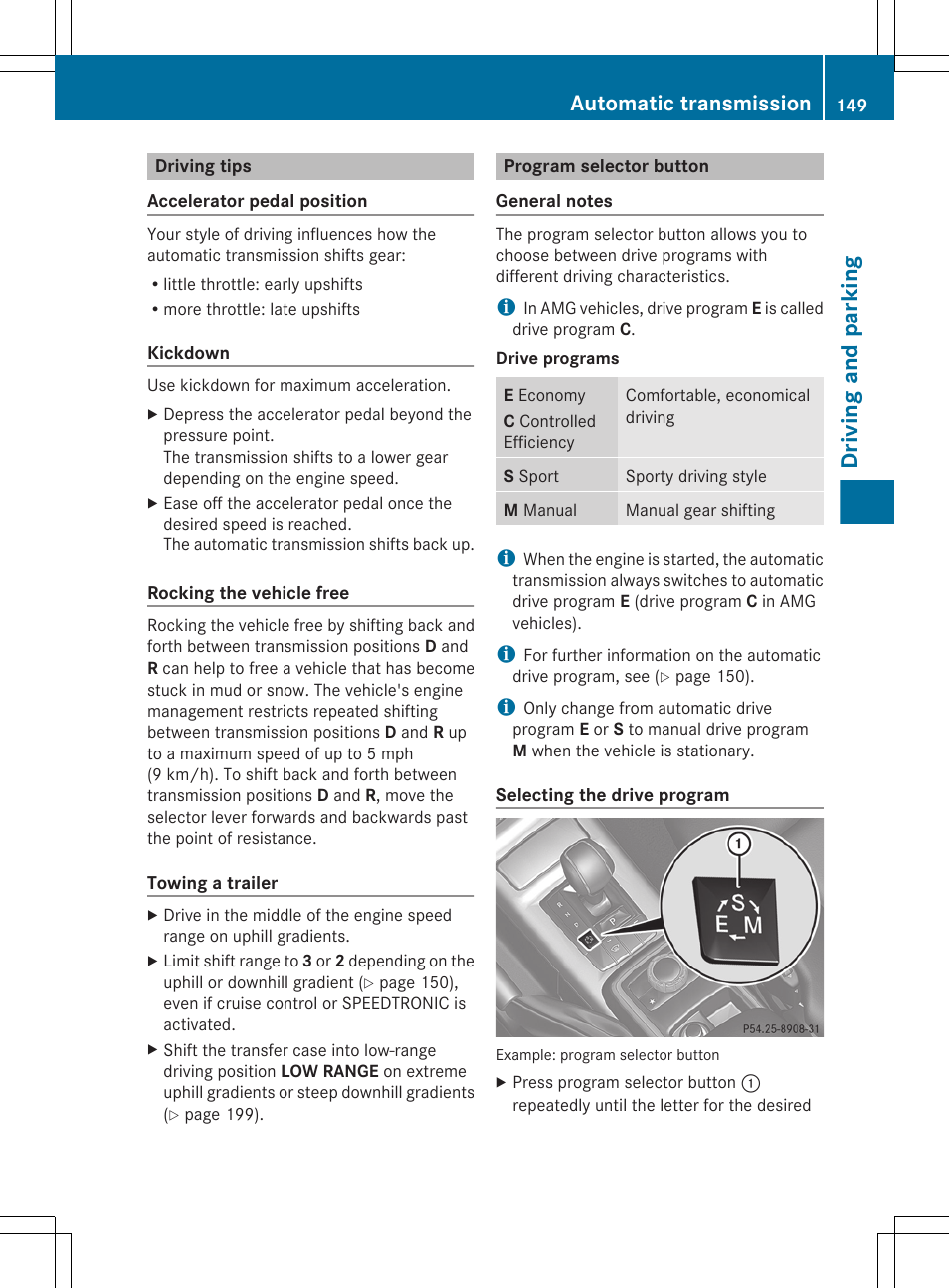 Driving tips, Program selector button, Driving and parking | Automatic transmission | Mercedes-Benz G-Class 2013 Owners Manual User Manual | Page 151 / 364