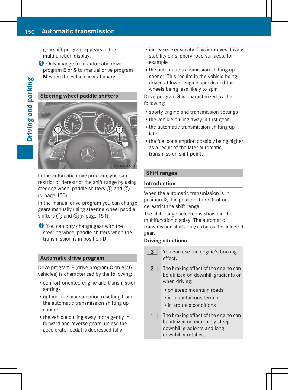 Steering wheel paddle shifters, Automatic drive program, Shift ranges | Driving and parking, Automatic transmission | Mercedes-Benz G-Class 2013 Owners Manual User Manual | Page 152 / 364