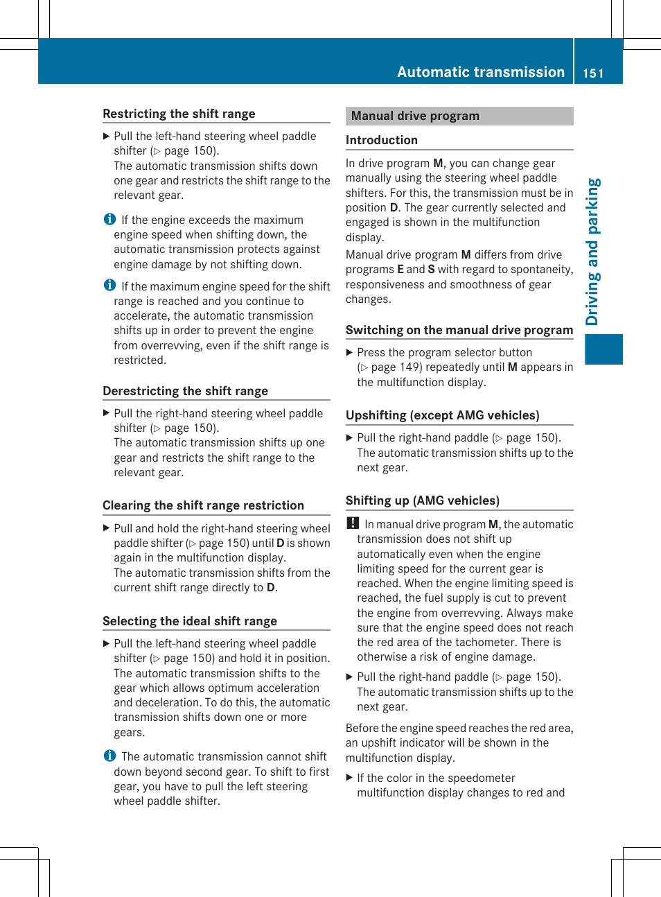 Manual drive program, Driving and parking, Automatic transmission | Mercedes-Benz G-Class 2013 Owners Manual User Manual | Page 153 / 364