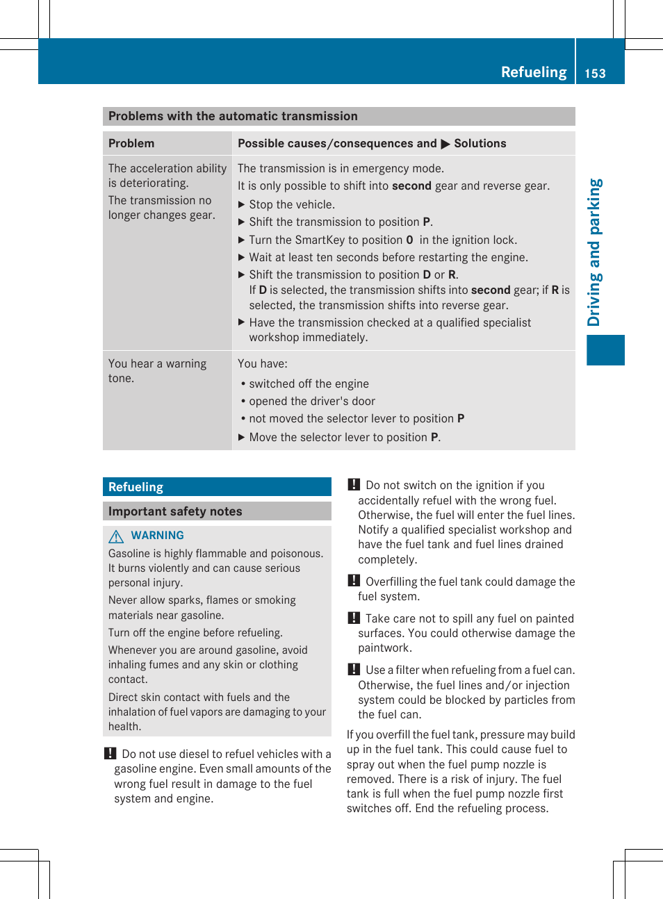 Problems with the automatic transmission, Refueling, Important safety notes | Driving and parking | Mercedes-Benz G-Class 2013 Owners Manual User Manual | Page 155 / 364