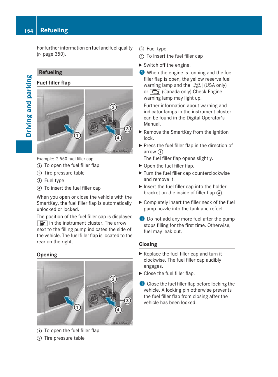 Refueling, Driving and parking | Mercedes-Benz G-Class 2013 Owners Manual User Manual | Page 156 / 364