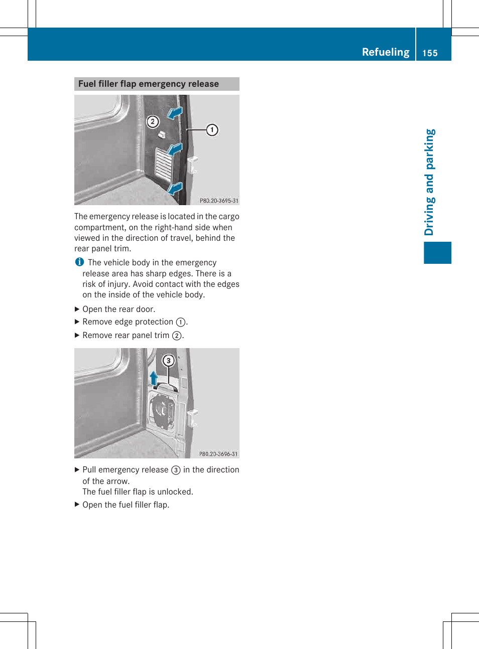 Fuel filler flap emergency release, Driving and parking, Refueling | Mercedes-Benz G-Class 2013 Owners Manual User Manual | Page 157 / 364