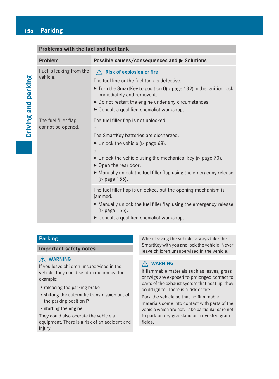 Problems with the fuel and fuel tank, Parking, Important safety notes | Driving and parking | Mercedes-Benz G-Class 2013 Owners Manual User Manual | Page 158 / 364