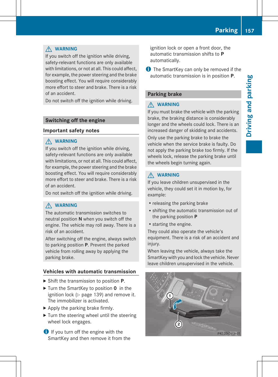 Switching off the engine, Parking brake, Driving and parking | Parking | Mercedes-Benz G-Class 2013 Owners Manual User Manual | Page 159 / 364