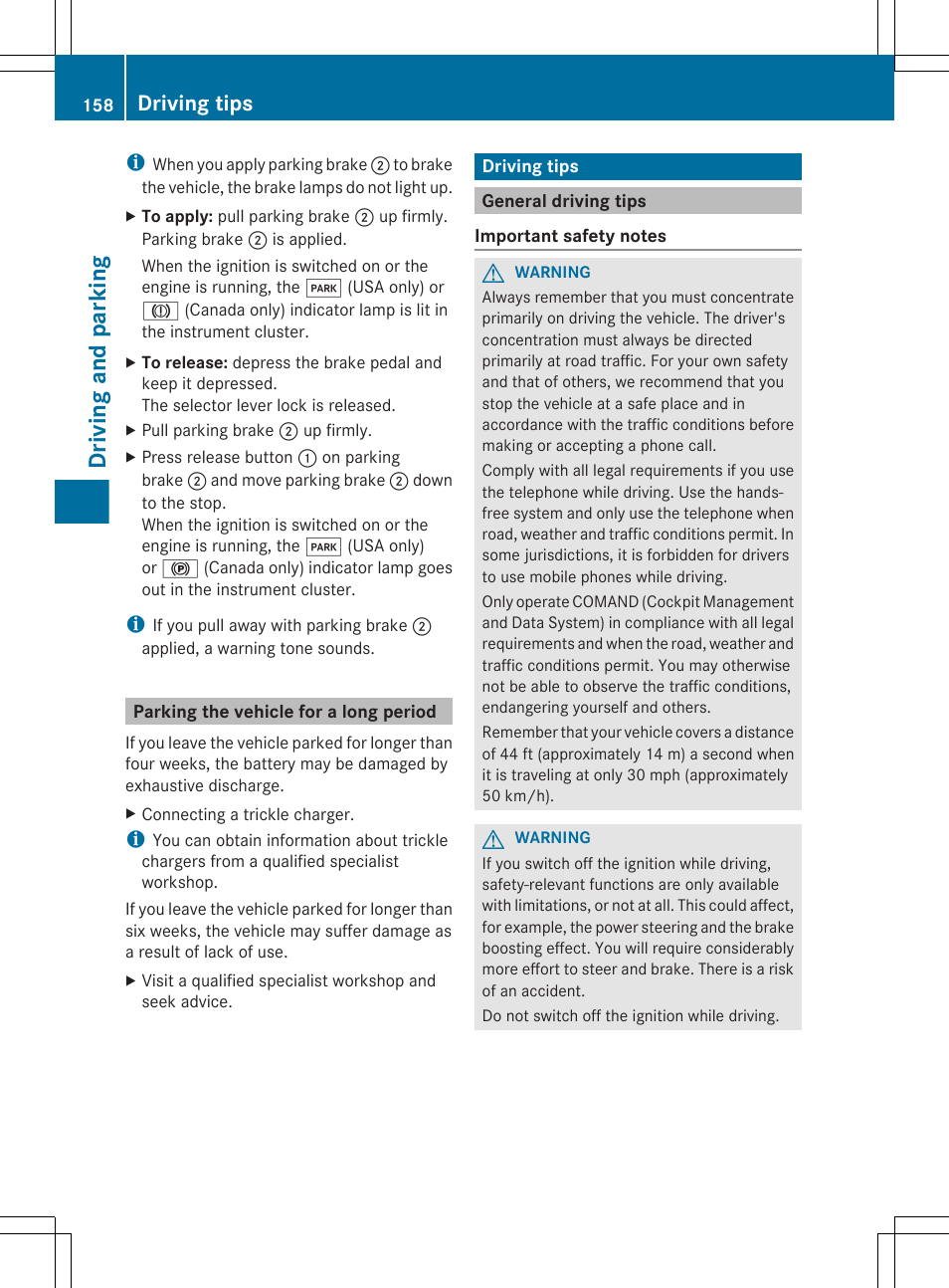 Parking the vehicle for a long period, Driving tips, General driving tips | Driving and parking | Mercedes-Benz G-Class 2013 Owners Manual User Manual | Page 160 / 364