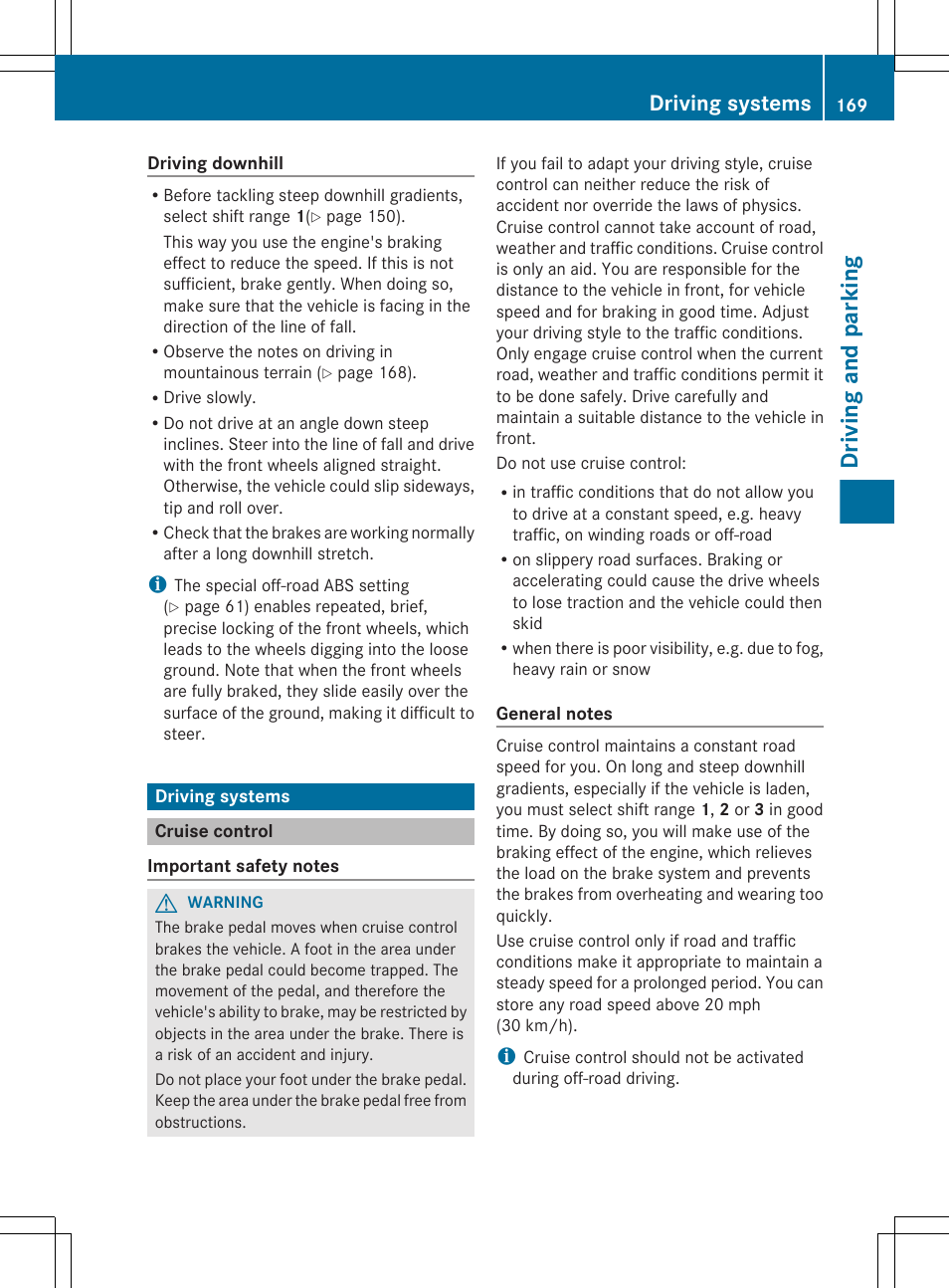 Driving systems, Cruise control, Driving and parking | Mercedes-Benz G-Class 2013 Owners Manual User Manual | Page 171 / 364