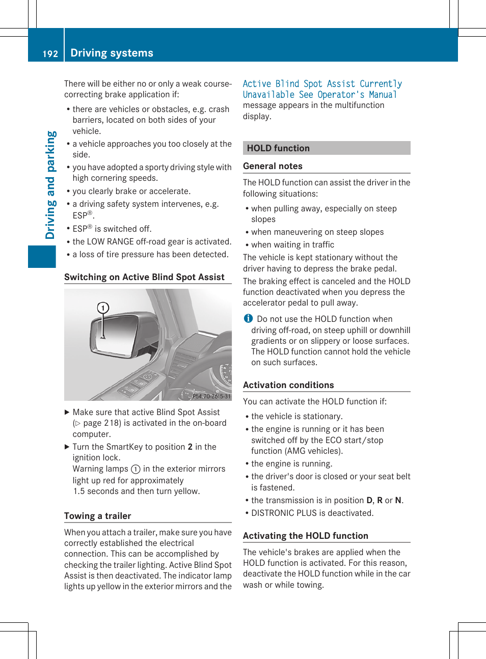 Hold function, Driving and parking, Driving systems | Mercedes-Benz G-Class 2013 Owners Manual User Manual | Page 194 / 364