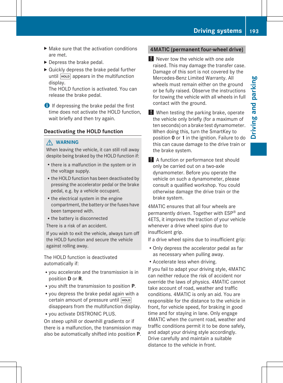 4matic (permanent four-wheel drive), Driving and parking, Driving systems | Mercedes-Benz G-Class 2013 Owners Manual User Manual | Page 195 / 364