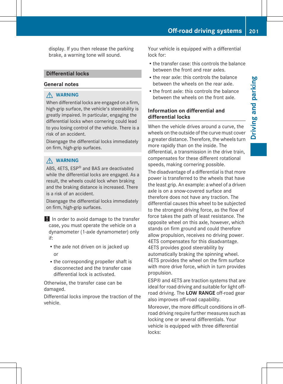 Differential locks, Driving and parking, Off-road driving systems | Mercedes-Benz G-Class 2013 Owners Manual User Manual | Page 203 / 364