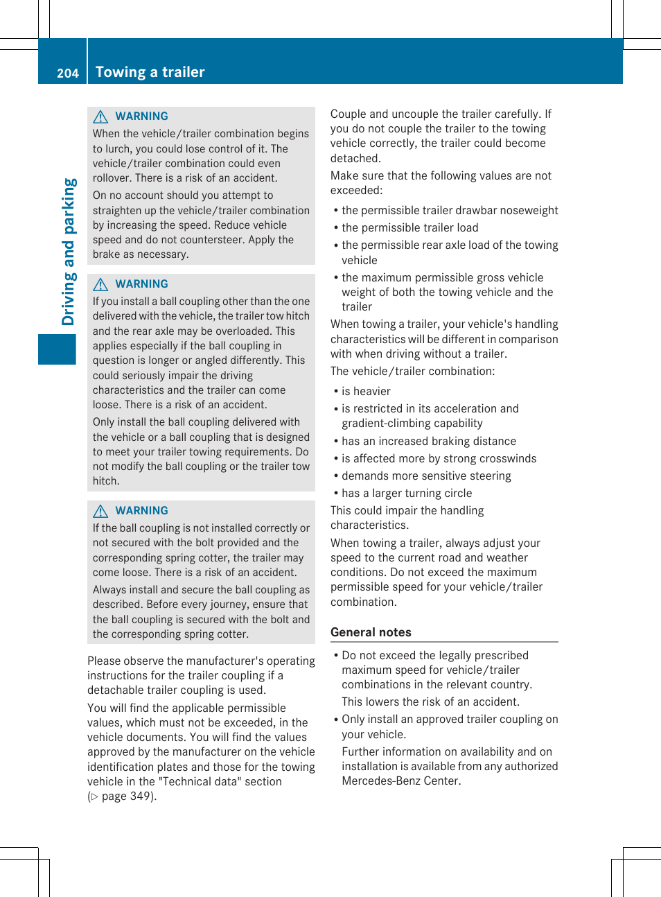 Driving and parking, Towing a trailer | Mercedes-Benz G-Class 2013 Owners Manual User Manual | Page 206 / 364