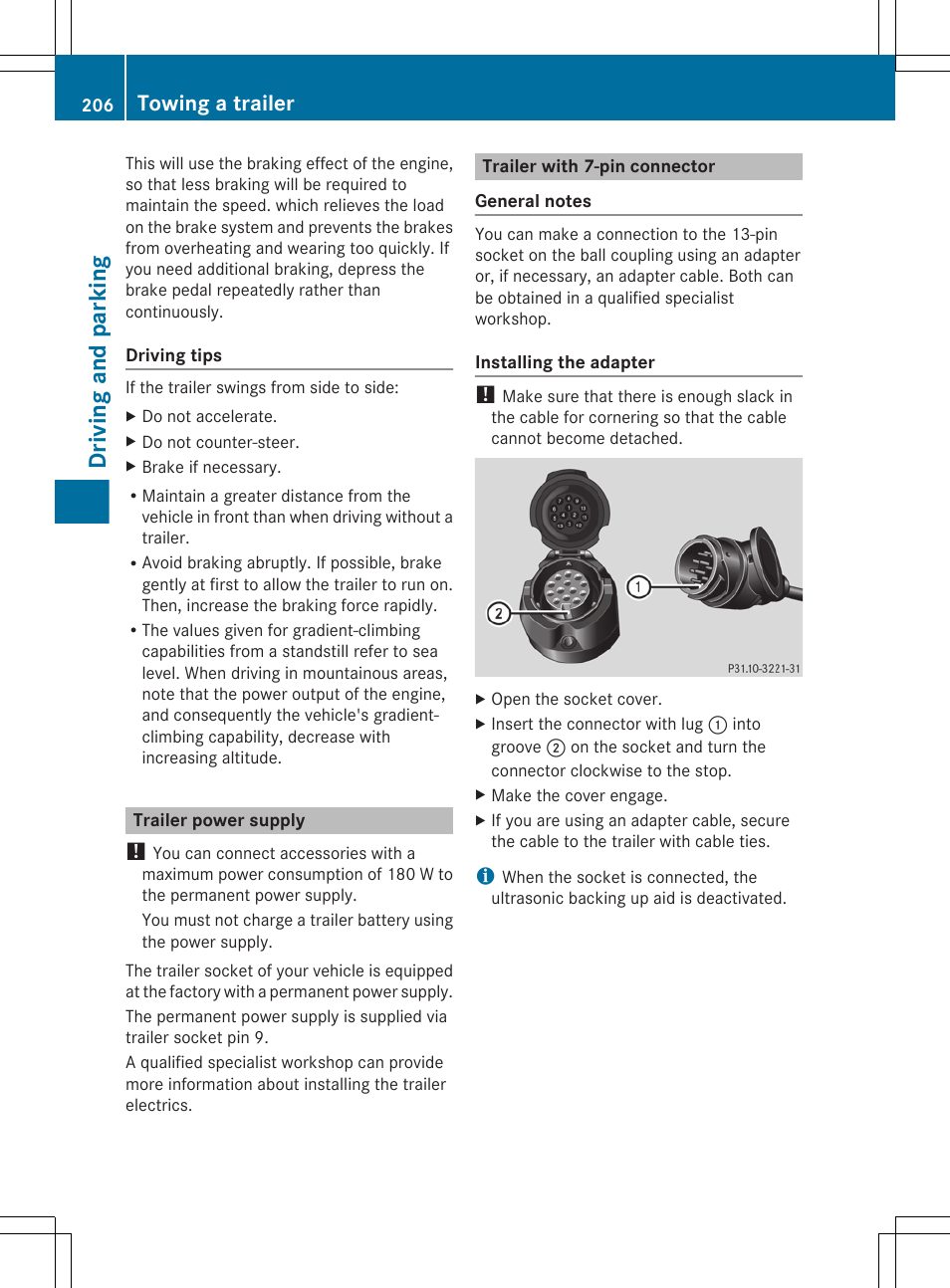 Trailer power supply, Trailer with 7-pin connector, Driving and parking | Towing a trailer | Mercedes-Benz G-Class 2013 Owners Manual User Manual | Page 208 / 364