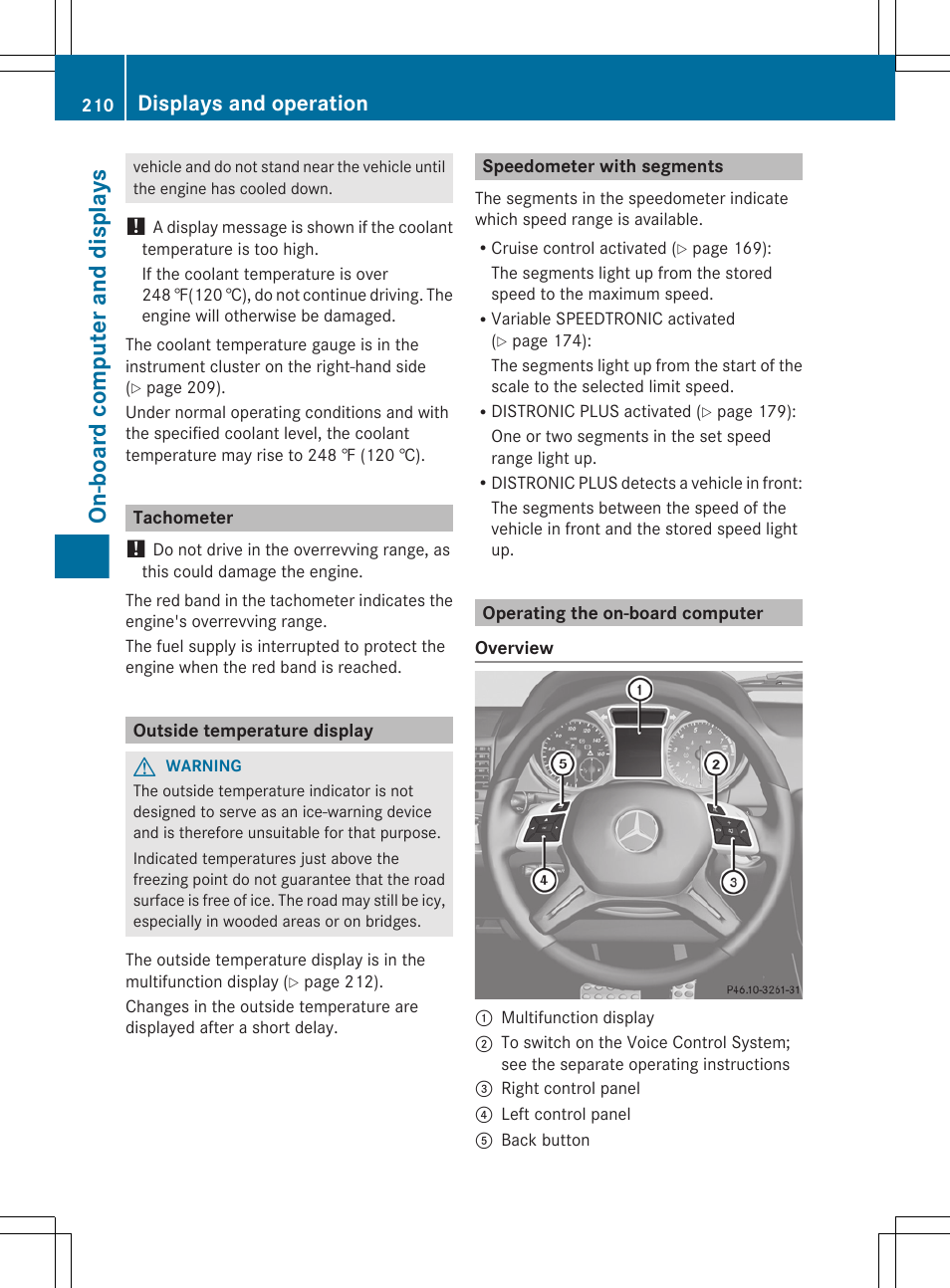 Tachometer, Outside temperature display, Speedometer with segments | Operating the on-board computer, On-board computer and displays, Displays and operation | Mercedes-Benz G-Class 2013 Owners Manual User Manual | Page 212 / 364