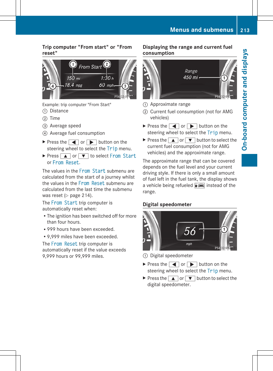 On-board computer and displays, Menus and submenus | Mercedes-Benz G-Class 2013 Owners Manual User Manual | Page 215 / 364