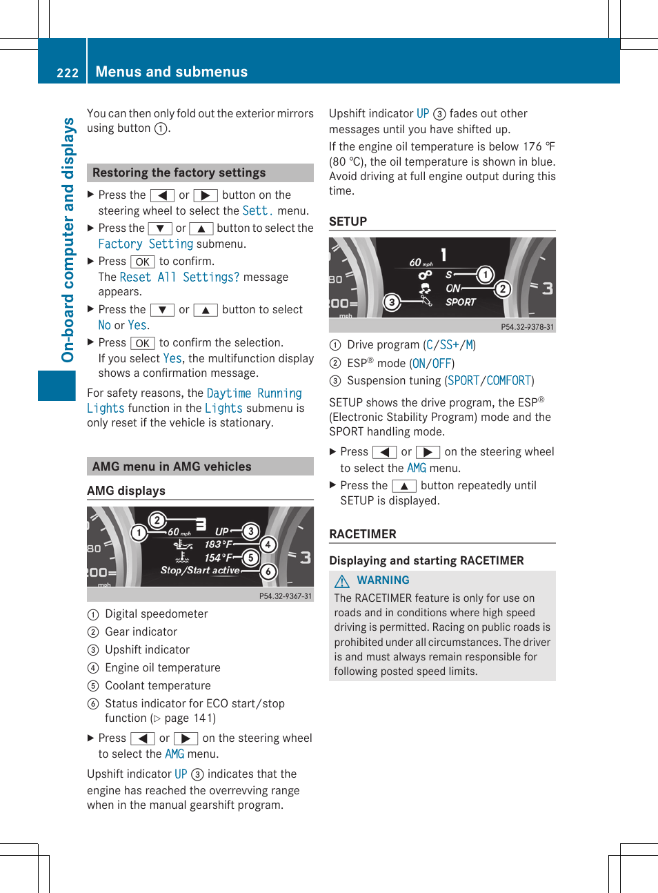 Restoring the factory settings, Amg menu in amg vehicles, On-board computer and displays | Menus and submenus | Mercedes-Benz G-Class 2013 Owners Manual User Manual | Page 224 / 364