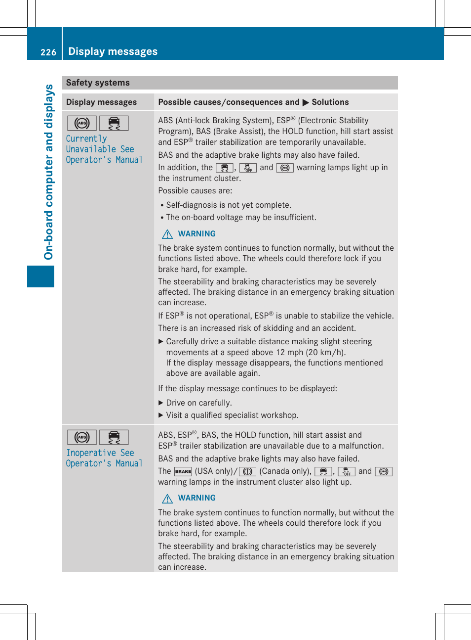 Safety systems, On-board computer and displays, Display messages | Mercedes-Benz G-Class 2013 Owners Manual User Manual | Page 228 / 364