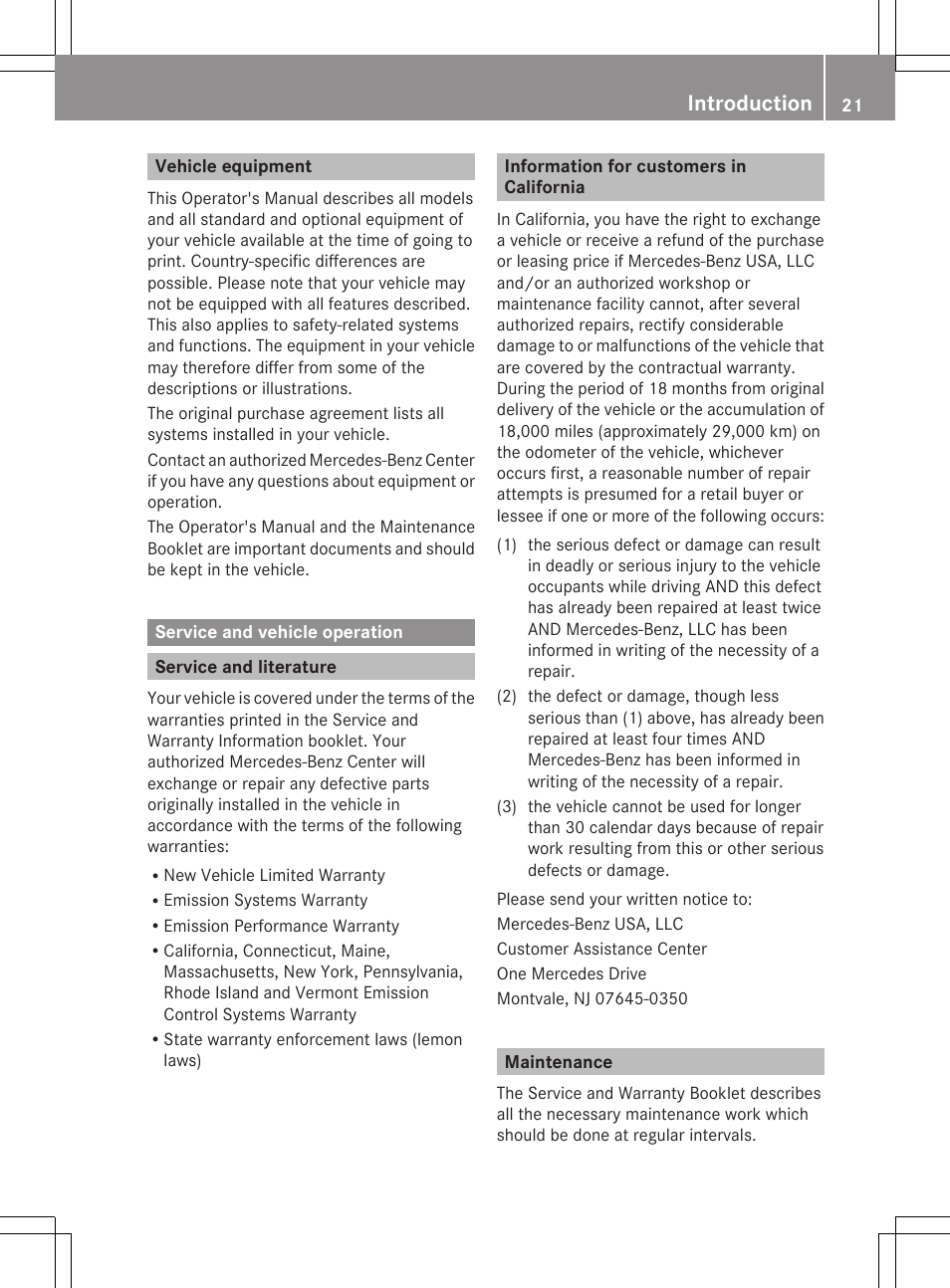 Vehicle equipment, Service and vehicle operation, Service and literature | Information for customers in california, Maintenance, Introduction | Mercedes-Benz G-Class 2013 Owners Manual User Manual | Page 23 / 364